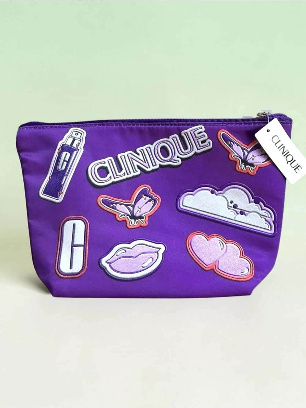 Clinique Purple Cosmetic Bag Makeup Pouch Butterfly Patch Travel Toiletry Bag